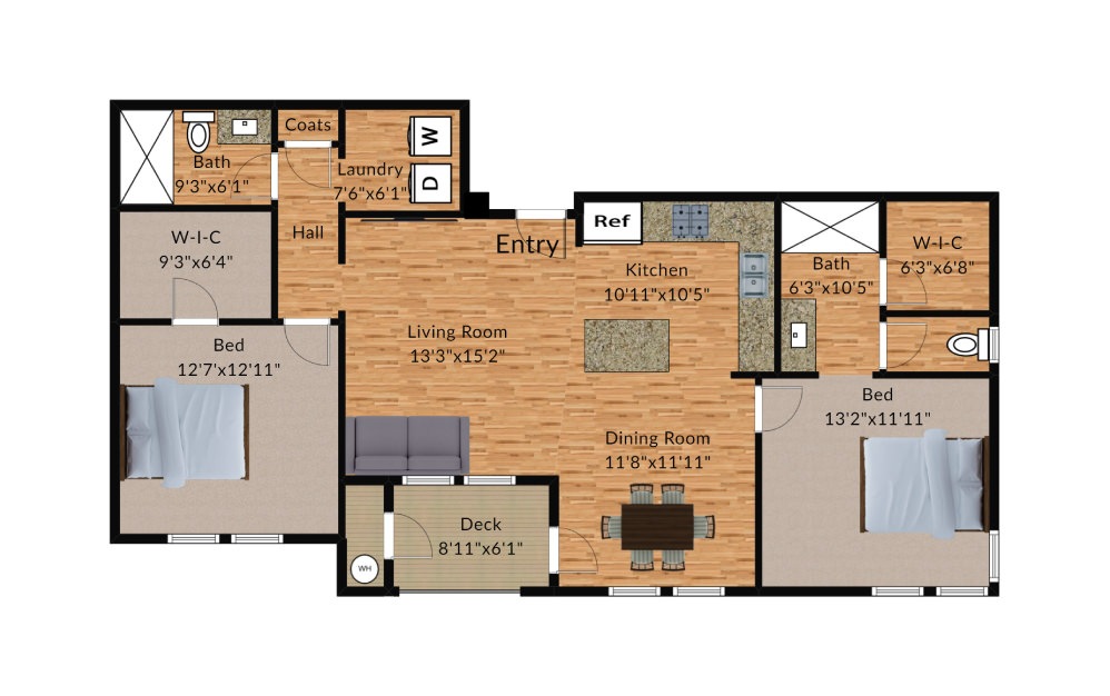 2A - 2 bedroom floorplan layout with 2 baths and 1093 square feet.