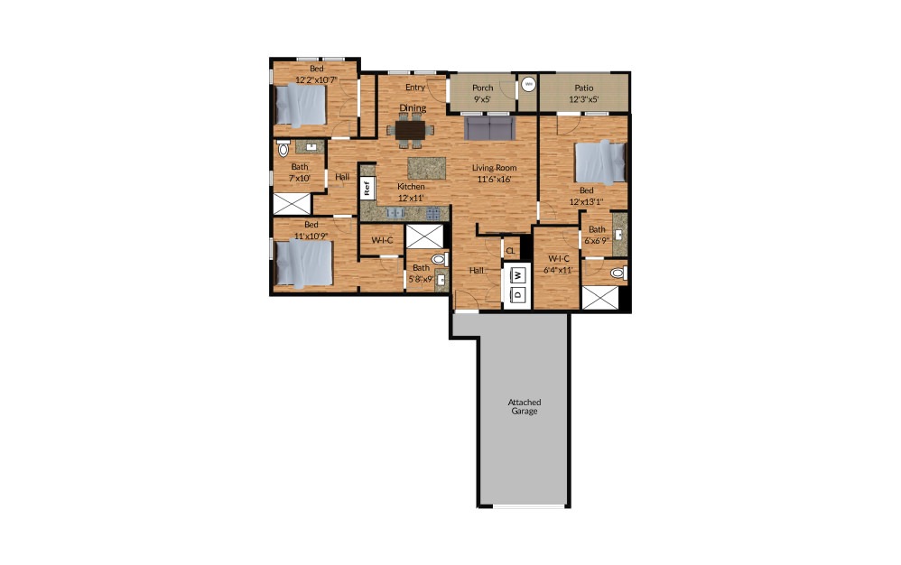 3A - 3 bedroom floorplan layout with 2 baths and 1407 square feet.