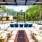 a patio with tables and chairs